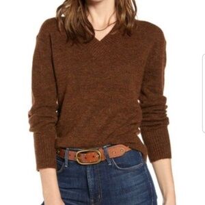 Treasure & Bond Cozy Marled Wool Alpaca Blend V-Neck Sweater in Rich Brown SzS/M